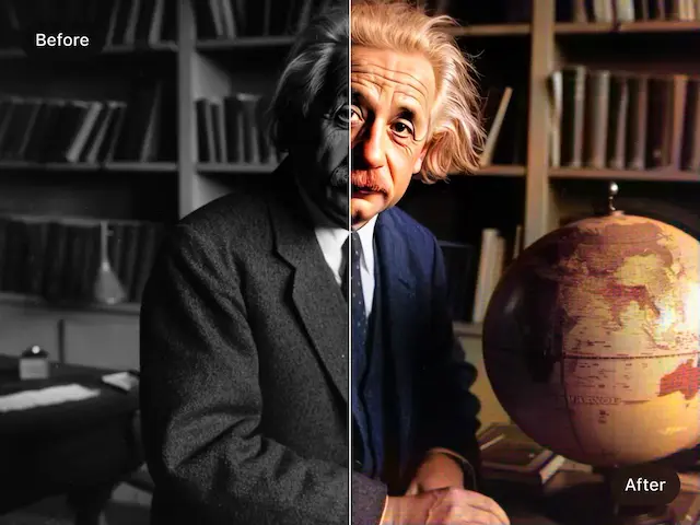 Side-by-side comparison of a black and white photo and its colorized version using AI Photo Colorizer